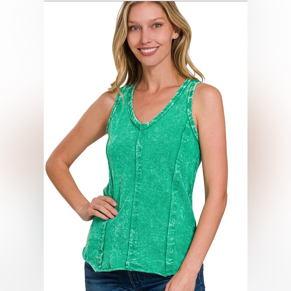 NWOT Zenana Green Sleeveless Top Acid Mineral Wash French Terry- Size Medium